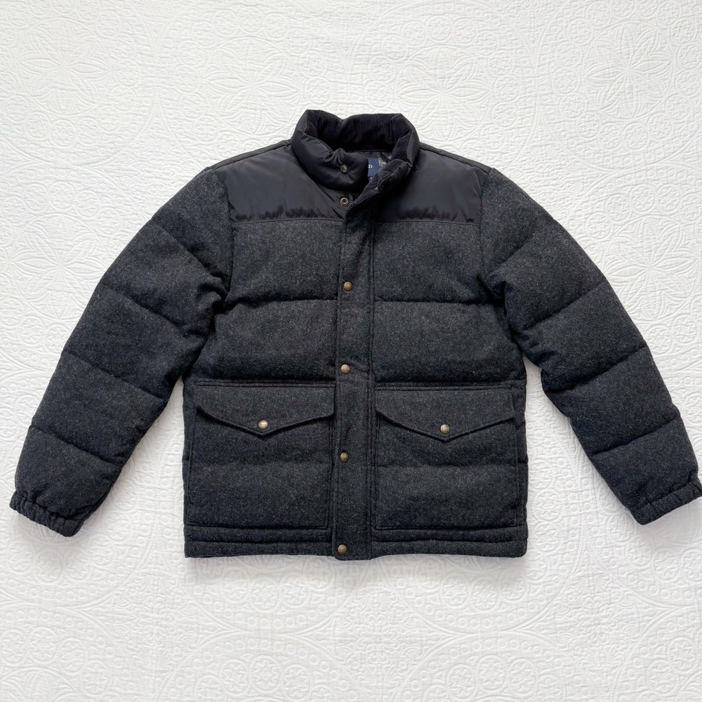 Lands' End Men's Down-Filled‎ Wool Puffer Jacket, Charcoal / Black